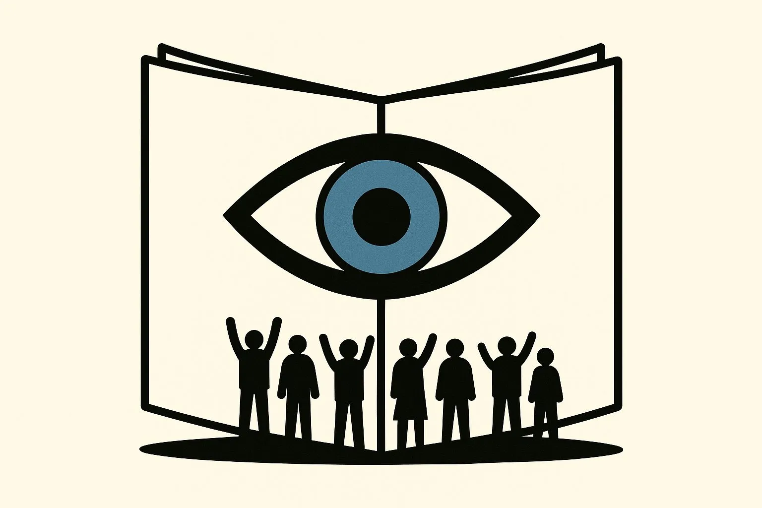 Platte illustratie van een opengeslagen krant in zwart-wit; in plaats van tekstkolommen vormt een groot oog met een blauwe pupil het midden van de pagina's. Onderaan de krant staat een rij kleine zwarte silhouetten van mensen met opgeheven armen.